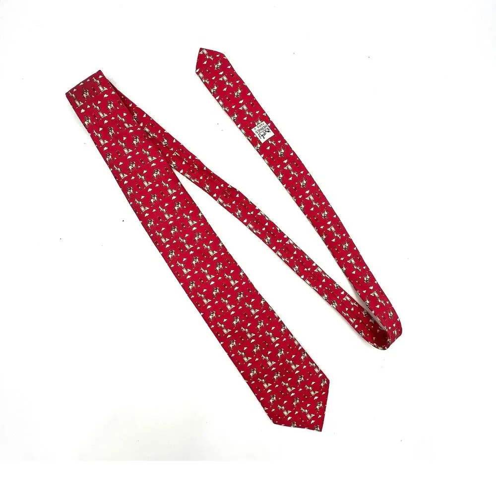 Hermes Silk Tie Equestrian Riders Print Red